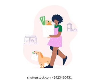 A young woman with grocery bags in the pet-friendly store. Buying food and daily supplies. Vector flat illustration on a white background.