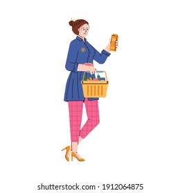 A young woman with a grocery basket full of food selects products. A female customer makes purchases in a supermarket. Vector illustration isolated on a white background.