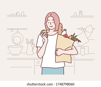 Young woman grocery shopping bag with vegetables at home. Hand drawn style vector design illustrations.