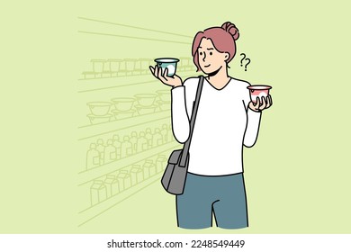 Young woman grocery shopping in supermarket choosing yoghurt. Confused female client make choice between dairy products in shop. Vector illustration. 