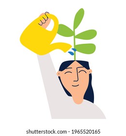Young woman grow plant, positive emotions in her head. Illustration on white background.
