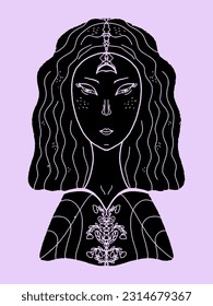 Young woman. Grunge texture black element. Illustration in linocut style, folk art, Scandinavian style. Element for design.