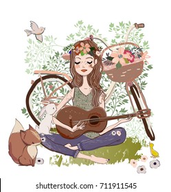 young woman with guitar and bicycle