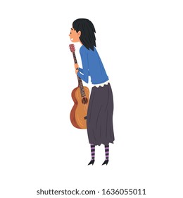 Young Woman with Guitar Standing and Looking at Something, View from Behind Vector Illustration
