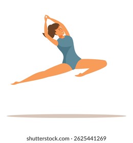 Jovem ginasta está realizando exercício de ginástica, esticando no salto com as mãos para cima, treinamento interior salão