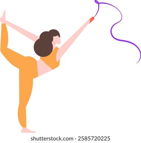 Young woman gymnast performing rhythmic gymnastics with a ribbon, balancing on one leg and bending her body in a complex pose, showcasing flexibility, strength, and grace