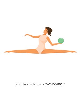 Young woman gymnast is performing a split while holding a ball