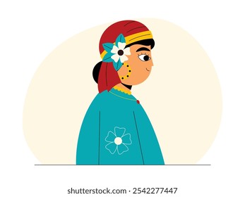 Young woman from the gypsy tribe who has a tradition of wearing brightly colored clothes and flashy accessories, vector illustration.