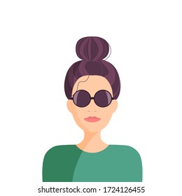 Young woman with hair bun in sunglasses. Flat stock vector illustration.