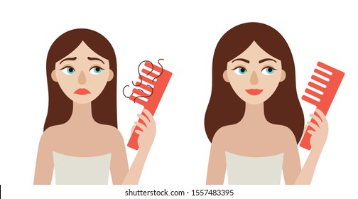 Young woman with hair loss problem before and after treatment. Alopecia. Flat vector isolated illustration on white background