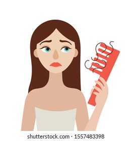 A young woman with hair loss problem. Comb in her hand. Alopecia. Flat isolated vector illustration on white background