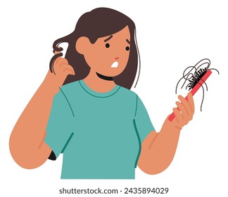 Young Woman With Hair Loss Problem Exhibits Thinning Strands, Looking on Comb with Fallen Hairs. Emotional Toll Is Evident In Eyes, Reflecting Resilience Amid Cosmetic Challenges. Vector Illustration