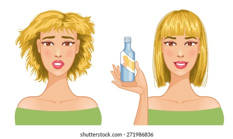 Young woman with hair-dress before and after care, eps10