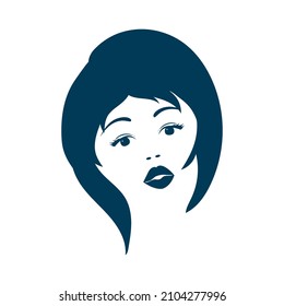 A young woman with a hairstyle. Monochrome silhouette. Logo for a beauty salon, a barber shop. Portrait on a white background.