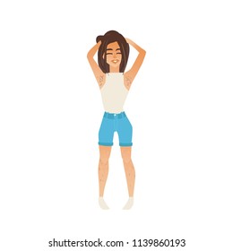 Young woman with hairy armpits and legs standing smiling with hands behind head isolated on white background - cartoon female character for body positive concept, vector illustration.