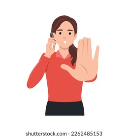 Young woman with hand gesturing no or stop sign while talking on the phone. Flat vector illustration isolated on white background