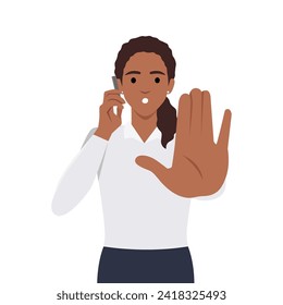 Young woman with hand gesturing no or stop sign while talking on the phone. Flat vector illustration isolated on white background
