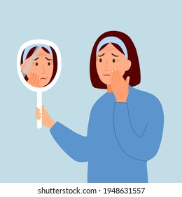 Young woman hand mirror worrying about her wrinkle on face in flat design. Wrinkle aging problem on female skin