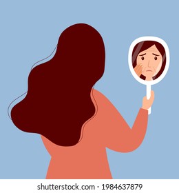 Young woman hand mirror worrying about her wrinkle on face in flat design. Wrinkle aging problem on female skin