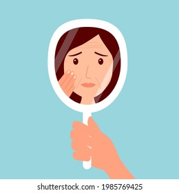 Young woman hand mirror worrying about her wrinkle on face in flat design. Wrinkle aging problem on female skin.