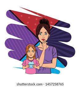 young woman with hand on the chin and little girl holding a muffin profile picture cartoon character portrait with colorful pop