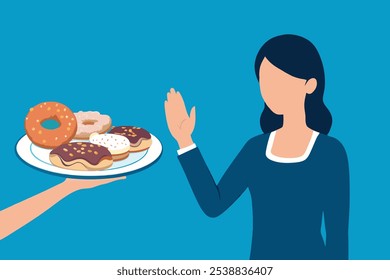 La mano de la mujer joven empuja hacia fuera, negándose a comer el pan y la rosquilla o la rosquilla en el plato en la comida del desayuno. Concepto de dieta sin gluten e intolerante al gluten, Ilustración vectorial plana aislada.