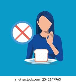 Young woman hand push out, refusing to eat white bread loaf on board in breakfast food meal at home, flat vector illustration.