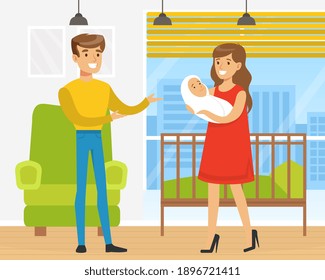 Young Woman Handing Little Baby to Her Husband Vector Illustration