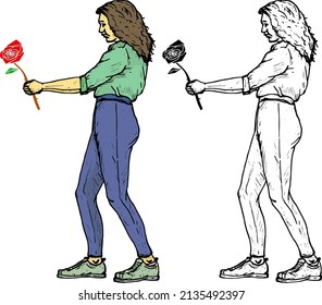 Young Woman Handout A Stalk Of Rose For Valentine Concept. Hand Drawn Vector Illustrator. 