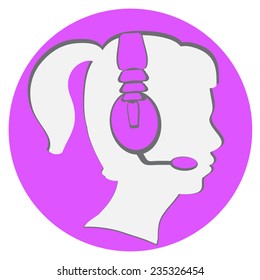 Young woman in hands free head. Teen girl head in phones vector icon. Communication concept. In cut paper style. Woman profile in pink circle. Eps 10.On white background. Call center emblem.