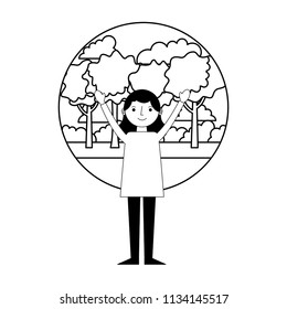 young woman with hands up in landscape isolated icon