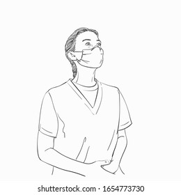 Young woman with hands on her belly wearing medical face mask and looking up, Vector sketch, Hand drawn illustration