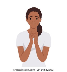 Young woman with hands in prayer ask for forgiveness or beg. Happy girl feel hopeful and joyful praying. Faith and belief. Flat vector illustration isolated on white background