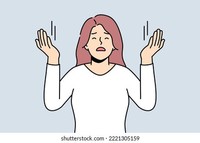 Young woman with hands raised up praying. Religious spiritual female ask for forgiveness. Faith and religion. Vector illustration. 