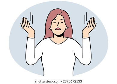 Young woman with hands raised up praying. Religious spiritual female ask for forgiveness. Faith and religion. Vector illustration.
