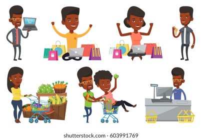 Young woman with hands up using laptop for shopping online. Woman sitting with shopping bags around her and doing online shopping. Set of vector flat design illustrations isolated on white background.