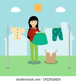 Young woman hanging dry the clothes under the sun cartoon vector