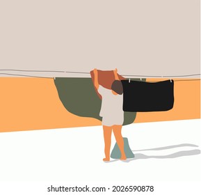 Young woman hanging wet clothes out to dry. Home activities. People stay at home. Urban view, weekend day concept banner. Flat Vector illustration