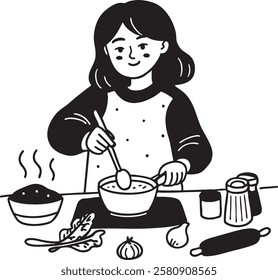 A young woman happily cooking in her kitchen, stirring a pot on the stove. Vegetables, spices, and utensils surround her. Warm and cozy atmosphere. Black and white doodle art.