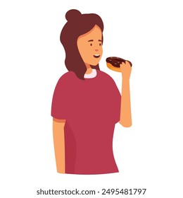 Young woman is happily eating a chocolate donut