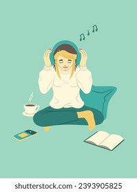Young woman happily listens to music with a headphone.