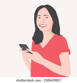 Young woman happily using social media on her smartphone. Vector illustration of online communication concept.