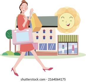 A young woman happily walking around town with lots of shopping bags.vector illustration
