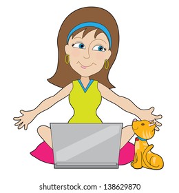 A young woman is happy about something on her laptop - there is a cat sitting beside her who is also happy.