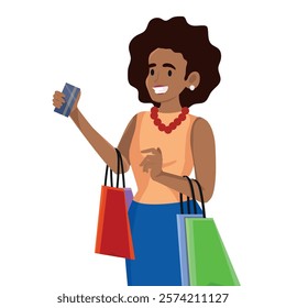 Young woman happy and celebrating holding several colorful bags and a credit card, representation of shopping. vector illustration.