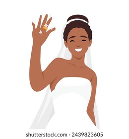 Young woman happy just married spouse or wife wearing a veil with flowers and showing her wedding ring on her finger. Flat vector illustration isolated on white background