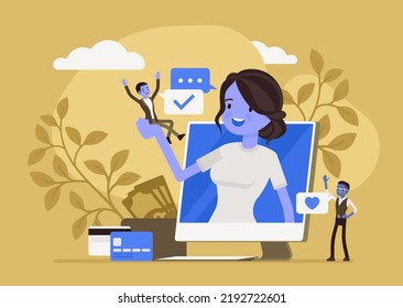 Young woman happy with online management technology, bank, payment access application, positive website or social media help, information support, electronic money pay. Vector creative illustration