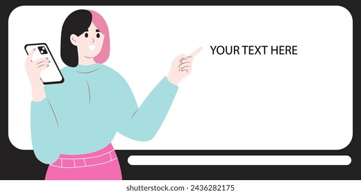 Young woman happy positive smile point finger empty copy space billboard ad advice choice. Vector illustration.