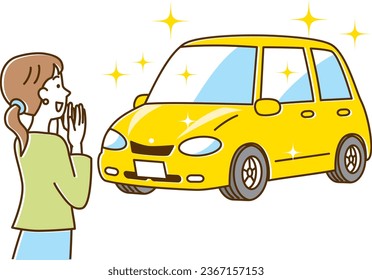 A young woman is happy to see a shiny car