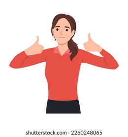 Young woman happy smiling making thumbs up sign with both hands. Flat vector illustration isolated on white background
